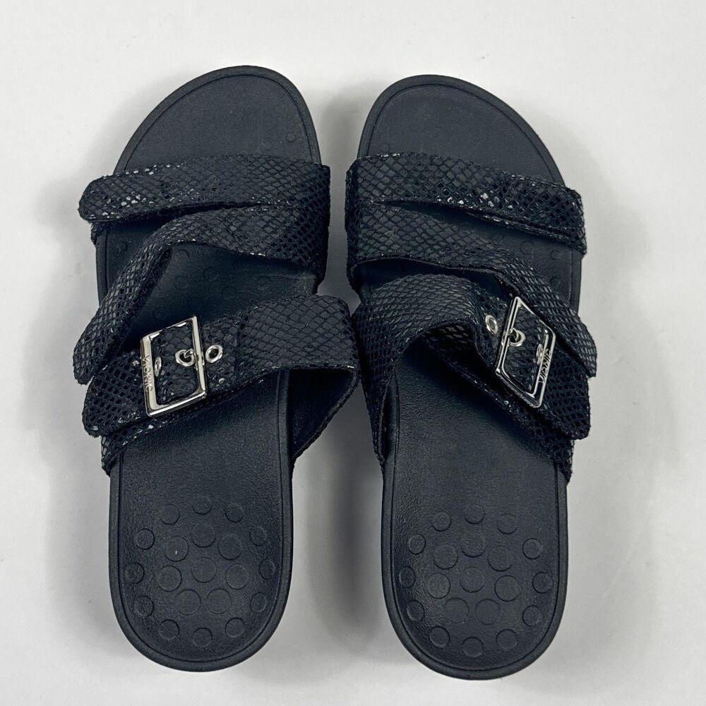 Vionic Rio Sandals Womens 6 Black Wedge Slide Comfort Orthotic Snake Embossed - Picture 7 of 10